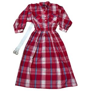 Vintage RAOUL Red Plaid Shirtdress w/ White Belt Size 10 Western Prairie Vibe